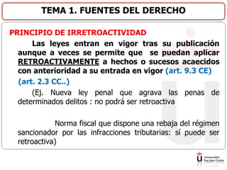 PRINCIPIO DE IRRETROACTIVIDAD
Las leyes entran en vigor tras su publicación
aunque a veces se permite que se puedan aplicar
RETROACTIVAMENTE a hechos o sucesos acaecidos
con anterioridad a su entrada en vigor (art. 9.3 CE)
(art. 2.3 CC..)
(Ej. Nueva ley penal que agrava las penas de
determinados delitos : no podrá ser retroactiva
Norma fiscal que dispone una rebaja del régimen
sancionador por las infracciones tributarias: sí puede ser
retroactiva)
TEMA 1. FUENTES DEL DERECHO
 