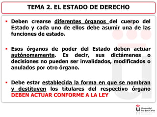  Deben crearse diferentes órganos del cuerpo del
Estado y cada uno de ellos debe asumir una de las
funciones de estado.
 Esos órganos de poder del Estado deben actuar
autónomamente. Es decir, sus dictámenes o
decisiones no pueden ser invalidados, modificados o
anulados por otro órgano.
 Debe estar establecida la forma en que se nombran
y destituyen los titulares del respectivo órgano
DEBEN ACTUAR CONFORME A LA LEY
TEMA 2. EL ESTADO DE DERECHO
 