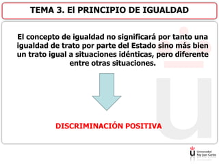 El concepto de igualdad no significará por tanto una
igualdad de trato por parte del Estado sino más bien
un trato igual a situaciones idénticas, pero diferente
entre otras situaciones.
DISCRIMINACIÓN POSITIVA
TEMA 3. El PRINCIPIO DE IGUALDAD
 