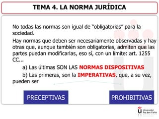 No todas las normas son igual de “obligatorias” para la
sociedad.
Hay normas que deben ser necesariamente observadas y hay
otras que, aunque también son obligatorias, admiten que las
partes puedan modificarlas, eso sí, con un límite: art. 1255
CC...
a) Las últimas SON LAS NORMAS DISPOSITIVAS
b) Las primeras, son la IMPERATIVAS, que, a su vez,
pueden ser
TEMA 4. LA NORMA JURÍDICA
PRECEPTIVAS PROHIBITIVAS
 