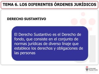 DERECHO SUSTANTIVO
TEMA 6. LOS DIFERENTES ÓRDENES JURÍDICOS
El Derecho Sustantivo es el Derecho de
fondo, que consiste en el conjunto de
normas jurídicas de diverso linaje que
establece los derechos y obligaciones de
las personas
 