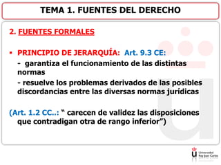 2. FUENTES FORMALES
 PRINCIPIO DE JERARQUÍA: Art. 9.3 CE:
- garantiza el funcionamiento de las distintas
normas
- resuelve los problemas derivados de las posibles
discordancias entre las diversas normas jurídicas
(Art. 1.2 CC..: “ carecen de validez las disposiciones
que contradigan otra de rango inferior”)
TEMA 1. FUENTES DEL DERECHO
 