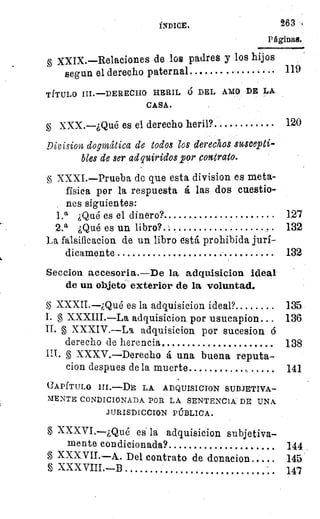 ÍNDICE.
	
	 263
Páginas.
XXIX.—Relaciones de los padres y los hijos
segun el derecho paternal.......	 ... . • 119
TITULO HL—DERECHO HERIL Ó DEL AMO . DE LA
CASA.
XXX.—¿Qué es el derecho herir 	 120
Division dogmática de todos los derechos suscepti-
bles de ser adquiridos por contrato.
XXXI.—Prueba de que esta division es meta-
física por la respuesta á las dos cuestio-
, nes siguientes:
1.4 ¿Qué es el dinero? 	 127
2.a ¿Qué es un libro? 	 132
La falsificacion de un libro está prohibida jurí-
dicamente 	 132
Seccion accesoria. —De la adquisicion ideal
de un objeto exterior de la voluntad.
XXXII.--¿Qué es la adquisicion ideal ? 	 135
I. XXXIII.—La adquisicion por usucapion... 136
II. § XXXIV.—La adquisicion por sucesion 6
derecho de herencia. 	 138
III. XXXV.—Derecho á una buena reputa-
cion despues de la muerte 	 	 141
CAPITULO
	
	 LA ADQUISICION SUBJETIVA-
MENTE CONDICIONADA POR LA. SENTENCIA DE UNA
JURISDICCION PÚBLICA.
XXXVI.—¿Qué es la adquisicion subjetiva-
mente condicionada?	 144
XXXVII.•A. Del contrato de donacion 	 145
	 147
150
;1.
 