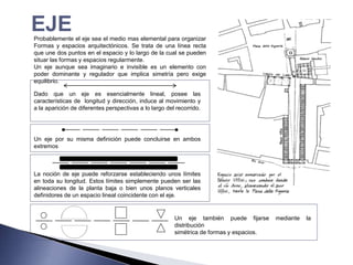 EJE
Probablemente el eje sea el medio mas elemental para organizar
Formas y espacios arquitectónicos. Se trata de una línea recta
que une dos puntos en el espacio y lo largo de la cual se pueden
situar las formas y espacios regularmente.
Un eje aunque sea imaginario e invisible es un elemento con
poder dominante y regulador que implica simetría pero exige
equilibrio.

Dado que un eje es esencialmente lineal, posee las
características de longitud y dirección, induce al movimiento y
a la aparición de diferentes perspectivas a lo largo del recorrido.




Un eje por su misma definición puede concluirse en ambos
extremos



La noción de eje puede reforzarse estableciendo unos límites
en toda su longitud. Estos límites simplemente pueden ser las
alineaciones de la planta baja o bien unos planos verticales
definidores de un espacio lineal coincidente con el eje.


                                                        Un eje también puede fijarse      mediante   la
                                                        distribución
                                                        simétrica de formas y espacios.
 