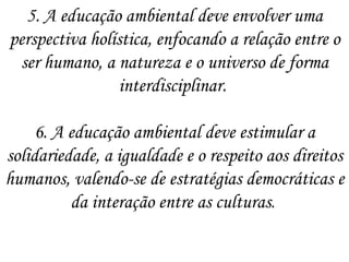 5. A educação ambiental deve envolver uma perspectiva holística, enfocando a relação entre o ser humano, a natureza e o universo de forma interdisciplinar.  6. A educação ambiental deve estimular a solidariedade, a igualdade e o respeito aos direitos humanos, valendo-se de estratégias democráticas e da interação entre as culturas .  