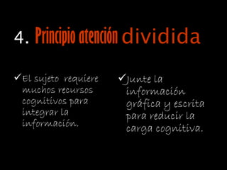 4. Principio atención dividida
El sujeto requiere
muchos recursos
cognitivos para
integrar la
información.
Junte la
información
gráfica y escrita
para reducir la
carga cognitiva.
 