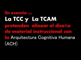 En esencia …
La TCC y La TCAM
pretenden alinear el diseño
de material instruccional con
la Arquitectura Cognitiva Humana
(ACH)
 