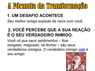 1. UM DESAFIO ACONTECE
Seu melhor amigo explode de raiva com você.

2. VOCÊ PERCEBE QUE A SUA REAÇÃO
É O SEU VERDADEIRO INIMIGO.
Você vê que seus sentimentos – ficar
zangado, magoado, se fechar – são seus
verdadeiros inimigos. O verdadeiro inimigo não é
seu amigo.
 