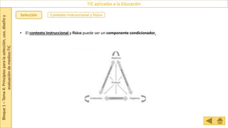 Bloque
1
–
Tema
4:
Principios
para
la
selección,
uso,
diseño
y
evaluación
de
medios-TIC
TIC aplicadas a la Educación
Selección Contexto instruccional y físico
• El contexto instruccional y físico puede ser un componente condicionador.
 