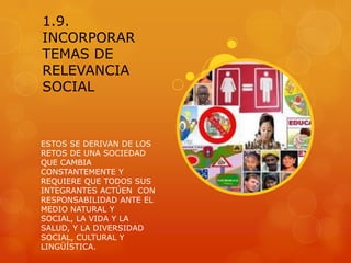 1.9.
INCORPORAR
TEMAS DE
RELEVANCIA
SOCIAL



ESTOS SE DERIVAN DE LOS
RETOS DE UNA SOCIEDAD
QUE CAMBIA
CONSTANTEMENTE Y
REQUIERE QUE TODOS SUS
INTEGRANTES ACTÚEN CON
RESPONSABILIDAD ANTE EL
MEDIO NATURAL Y
SOCIAL, LA VIDA Y LA
SALUD, Y LA DIVERSIDAD
SOCIAL, CULTURAL Y
LINGÜÍSTICA.
 