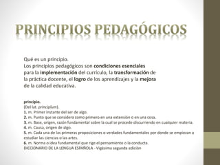 Qué es un principio. 
Los principios pedagógicos son condiciones esenciales 
para la implementación del currículo, la transformación de 
la práctica docente, el logro de los aprendizajes y la mejora 
de la calidad educativa. 
principio. 
(Del lat. principĭum). 
1. m. Primer instante del ser de algo. 
2. m. Punto que se considera como primero en una extensión o en una cosa. 
3. m. Base, origen, razón fundamental sobre la cual se procede discurriendo en cualquier materia. 
4. m. Causa, origen de algo. 
5. m. Cada una de las primeras proposiciones o verdades fundamentales por donde se empiezan a 
estudiar las ciencias o las artes. 
6. m. Norma o idea fundamental que rige el pensamiento o la conducta. 
DICCIONARIO DE LA LENGUA ESPAÑOLA - Vigésima segunda edición 
 