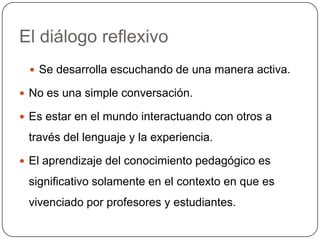 El diálogo reflexivo
  Se desarrolla escuchando de una manera activa.

 No es una simple conversación.

 Es estar en el mundo interactuando con otros a

 través del lenguaje y la experiencia.

 El aprendizaje del conocimiento pedagógico es

 significativo solamente en el contexto en que es
 vivenciado por profesores y estudiantes.
 