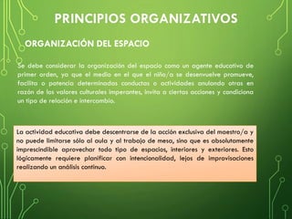 ORGANIZACIÓN DEL ESPACIO
Se debe considerar la organización del espacio como un agente educativo de
primer orden, ya que el medio en el que el niño/a se desenvuelve promueve,
facilita o potencia determinadas conductas o actividades anulando otras en
razón de los valores culturales imperantes, invita a ciertas acciones y condiciona
un tipo de relación e intercambio.
La actividad educativa debe descentrarse de la acción exclusiva del maestro/a y
no puede limitarse sólo al aula y al trabajo de mesa, sino que es absolutamente
imprescindible aprovechar todo tipo de espacios, interiores y exteriores. Esto
lógicamente requiere planificar con intencionalidad, lejos de improvisaciones
realizando un análisis continuo.
 