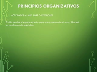 ACTVIDADES AL AIRE LIBRE O EXTERIORES
El niño percibe el espacio exterior como una aventura de sol, are y libertad,
en condiciones de seguridad.
 