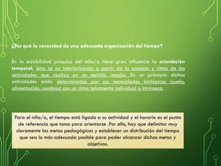 En la estabilidad psíquica del niño/a tiene gran influencia la orientación
temporal; ésta se va interiorizando a partir de la sucesión y ritmo de las
actividades que realiza en un sentido amplio. En un principio dichas
actividades están determinadas por sus necesidades biológicas (sueño,
alimentación, cambios) con un ritmo totalmente individual o intrínseco.
¿Por qué la necesidad de una adecuada organización del tiempo?
Para el niño/a, el tiempo está ligado a su actividad y el horario es el punto
de referencia que tomo para orientarse .Por ello, hay que delimitar muy
claramente las metas pedagógicas y establecer un distribución del tiempo
que sea lo más adecuada posible para poder alcanzar dichas metas y
objetivos.
 