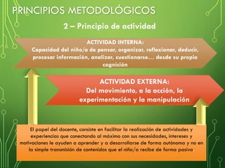 2 – Principio de actividad
PRINCIPIOS METODOLÓGICOS
ACTIVIDAD EXTERNA:
Del movimiento, a la acción, la
experimentación y la manipulación
ACTIVIDAD INTERNA:
Capacidad del niño/a de pensar, organizar, reflexionar, deducir,
procesar información, analizar, cuestionarse… desde su propia
cognición
El papel del docente, consiste en facilitar la realización de actividades y
experiencias que conectando al máximo con sus necesidades, intereses y
motivaciones le ayuden a aprender y a desarrollarse de forma autónoma y no en
la simple transmisión de contenidos que el niño/a recibe de forma pasiva.
 