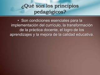 ¿Qué son los principios
          pedagógicos?
    • Son condiciones esenciales para la
 implementación del currículo, la transformación
      de la práctica docente, el logro de los
aprendizajes y la mejora de la calidad educativa.
 