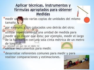 Aplicar técnicas, instrumentos y 
fórmulas apropiados para obtener 
Medidas 
*medir utilizando varias copias de unidades del mismo 
tamaño. 
*por ejemplo, clips colocados uno detrás del otro; 
*utilizar repetidamente una unidad de medida para 
medir algo mayor que ésta; por ejemplo, medir el largo 
de la habitación con una sola cinta métrica de un metro 
de longitud. 
*utilizar instrumentos para medir. 
*desarrollar referentes comunes para medir y para 
realizar comparaciones y estimaciones. 
 