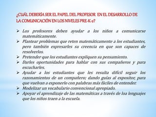 ¿CUÁL DEBERÍA SER EL PAPEL DEL PROFESOR EN EL DESARROLLO DE 
LA COMUNICACIÓN EN LOS NIVELES PRE-K-2? 
 Los profesores deben ayudar a los niños a comunicarse 
matemáticamente. 
 Plantear problemas que reten matemáticamente a los estudiantes, 
pero también expresarles su creencia en que son capaces de 
resolverlos. 
 Pretender que los estudiantes expliquen su pensamiento. 
 Darles oportunidades para hablar con sus compañeros y para 
escucharles. 
 Ayudar a los estudiantes que les resulta difícil seguir los 
razonamientos de un compañero; dando guías al expositor, para 
que vuelvan a exponerlo con palabras más fáciles de entender. 
 Modelizar un vocabulario convencional apropiado. 
 Apoyar el aprendizaje de las matemáticas a través de loa lenguajes 
que los niños traen a la escuela. 
 
