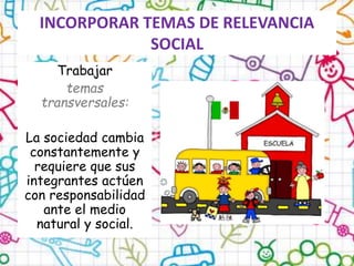 INCORPORAR TEMAS DE RELEVANCIA
SOCIAL
Trabajar
temas
transversales:
La sociedad cambia
constantemente y
requiere que sus
integrantes actúen
con responsabilidad
ante el medio
natural y social.
 