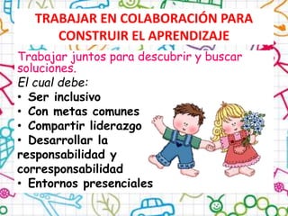 TRABAJAR EN COLABORACIÓN PARA
CONSTRUIR EL APRENDIZAJE
Trabajar juntos para descubrir y buscar
soluciones.
El cual debe:
• Ser inclusivo
• Con metas comunes
• Compartir liderazgo
• Desarrollar la
responsabilidad y
corresponsabilidad
• Entornos presenciales
 