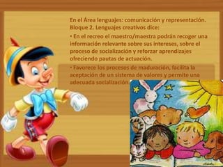En el Área lenguajes: comunicación y representación.
Bloque 2. Lenguajes creativos dice:
• En el recreo el maestro/maestra podrán recoger una
información relevante sobre sus intereses, sobre el
proceso de socialización y reforzar aprendizajes
ofreciendo pautas de actuación.
• Favorece los procesos de maduración, facilita la
aceptación de un sistema de valores y permite una
adecuada socialización.
 