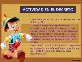 ACTIVIDAD EN EL DECRETO
Dentro del Capitulo 2 del curriculum en el ARTICULO
9. Tutoría. Dice:
• Que la educación en el segundo ciclo de la
educación infantil se concibe como un proceso
compartido con las familias que se ha de favorecer
desde el centro docente a través de la tutoría. El
responsable de la tutoría mantendrá actividades
periódicas para intercambiar información con las
familias.
Dentro de los contenidos del bloque 3. El lenguaje de
las tecnologías de la información y la comunicación.
En el punto 4 se encuentran las actividades
extracurriculares.
 