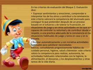 En los criterios de evaluación del Bloque 2. Evaluación
dice:
• Expresar sentimientos y emociones, comprender e
interpretar los de los otros y contribuir a la convivencia:
este criterio valorará la competencia del alumnado para
conseguir lo que pretenden después de un proceso
basado en el esfuerzo y de tolerar la frustración, en
situaciones de juego y en otras actividades en las que son
capaces de controlar su voluntad y de contribuir desde el
respeto, a una practica adecuada de la convivencia en las
situaciones habituales de juego y tarea en casa y en la
escuela.
• Realizar automáticamente y con iniciativa actividades
habituales para satisfacer necesidades
básicas, consolidando progresivamente hábitos de
cuidado personal, higiene, salud y bienestar: este criterio
valora la competencia para realizar, autonomía, las
actividades habituales relacionadas con la higiene, la
alimentación, el descanso, y los desplazamientos y otras
tareas de la vida diaria.
 