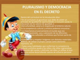 PLURALISMO Y DEMOCRACIA
EN EL DECRETO
Dentro del curriculum en la introducción dice:
• En el curriculum se garantizan que debe de existir un
principio de igualdad de oportunidades e inclusión social, la
educación de los valores de igualdad, e
interculturalidad, salud y el respeto por el entorno natural.
En la competencia cultural y artística podemos encontrar:
• La importancia al acercamiento al mundo que nos
rodea, comprensión, uso y valoración de las diferentes
manifestaciones culturales y artísticas que forman parte de
los pueblos.
• Comprender y respetar imágenes con distintos materiales
platicos, de utilizar el propio cuerpo como elemento
expresivo, etc.
• Todas estas habilidades que conforman la competencia
cultural y artística ayuda a los niños y las niñas a generalizar
el dominio del cuerpo, a disfrutar con ellas y a utilizar el ocio
de forma activa desarrollando valores de esfuerzo personal.
solidarios.
 