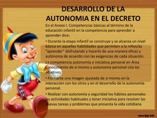 DESARROLLO DE LA
AUTONOMIA EN EL DECRETO
En el Anexo I. Competencias básicas al término de la
educación infantil en la competencia para aprender a
aprender dice:
• Durante la etapa infantil se construye y se alcanza un nivel
básico en aquellas habilidades que permiten a la niños/as
“aprender” disfrutando y hacerlo de una manera eficaz y
autónoma de acuerdo con las exigencias de cada situación.
La competencia autonomía e iniciativa personal en Área
conocimiento de si mismo y autonomía personal cita los
objetivos:
• Formarse una imagen ajustada de si mismo en la
interacción con los otros y en el desarrollo de la autonomía
personal.
• Realizar con autonomía y seguridad los hábitos personales
las actividades habituales y tener iniciativa para resolver las
nuevas tareas y problemas que presenta la vida cotidiana.
 