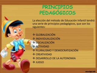 PRINCIPIOS
PEDAGÓGICOS
La elección del método de Educación Infantil tendrá
una serie de principios pedagógicos, que son los
siguientes:
 GLOBALIZACIÓN
 INDIVIDUALIZACIÓN
 SOCIALIZACIÓN
 ACTIVIDAD
 PLURALISMO Y DEMOCRATIZACIÓN
 CREATIVIDAD
 DESARROLLO DE LA AUTONOMIA
 JUEGO
 