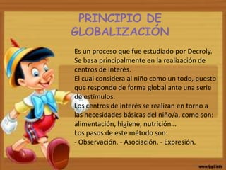 Es un proceso que fue estudiado por Decroly.
Se basa principalmente en la realización de
centros de interés.
El cual considera al niño como un todo, puesto
que responde de forma global ante una serie
de estímulos.
Los centros de interés se realizan en torno a
las necesidades básicas del niño/a, como son:
alimentación, higiene, nutrición…
Los pasos de este método son:
- Observación. - Asociación. - Expresión.
PRINCIPIO DE
GLOBALIZACIÓN
 