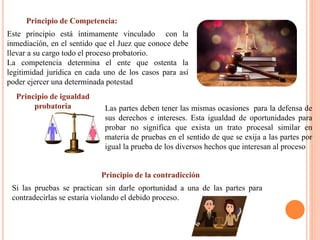 Principio de Competencia:
Este principio está íntimamente vinculado con la
inmediación, en el sentido que el Juez que conoce debe
llevar a su cargo todo el proceso probatorio.
La competencia determina el ente que ostenta la
legitimidad jurídica en cada uno de los casos para así
poder ejercer una determinada potestad
Las partes deben tener las mismas ocasiones para la defensa de
sus derechos e intereses. Esta igualdad de oportunidades para
probar no significa que exista un trato procesal similar en
materia de pruebas en el sentido de que se exija a las partes por
igual la prueba de los diversos hechos que interesan al proceso
Principio de igualdad
probatoria
Principio de la contradicción
Si las pruebas se practican sin darle oportunidad a una de las partes para
contradecirlas se estaría violando el debido proceso.
 