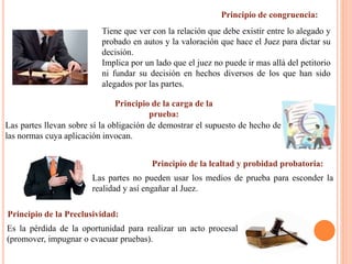 Principio de congruencia:
Tiene que ver con la relación que debe existir entre lo alegado y
probado en autos y la valoración que hace el Juez para dictar su
decisión.
Implica por un lado que el juez no puede ir mas allá del petitorio
ni fundar su decisión en hechos diversos de los que han sido
alegados por las partes.
Principio de la carga de la
prueba:
Las partes llevan sobre sí la obligación de demostrar el supuesto de hecho de
las normas cuya aplicación invocan.
Principio de la lealtad y probidad probatoria:
Las partes no pueden usar los medios de prueba para esconder la
realidad y así engañar al Juez.
Principio de la Preclusividad:
Es la pérdida de la oportunidad para realizar un acto procesal
(promover, impugnar o evacuar pruebas).
 