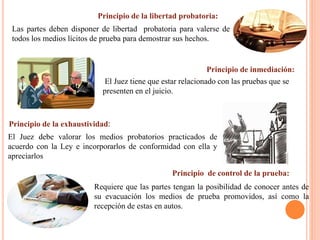 Principio de la libertad probatoria:
Las partes deben disponer de libertad probatoria para valerse de
todos los medios lícitos de prueba para demostrar sus hechos.
Principio de inmediación:
El Juez tiene que estar relacionado con las pruebas que se
presenten en el juicio.
Principio de la exhaustividad:
El Juez debe valorar los medios probatorios practicados de
acuerdo con la Ley e incorporarlos de conformidad con ella y
apreciarlos
Principio de control de la prueba:
Requiere que las partes tengan la posibilidad de conocer antes de
su evacuación los medios de prueba promovidos, así como la
recepción de estas en autos.
 