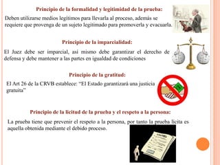 Principio de la formalidad y legitimidad de la prueba:
Deben utilizarse medios legítimos para llevarla al proceso, además se
requiere que provenga de un sujeto legitimado para promoverla y evacuarla.
Principio de la imparcialidad:
El Juez debe ser imparcial, así mismo debe garantizar el derecho de
defensa y debe mantener a las partes en igualdad de condiciones
Principio de la gratitud:
El Art 26 de la CRVB establece: “El Estado garantizará una justicia
gratuita”
Principio de la licitud de la prueba y el respeto a la persona:
La prueba tiene que prevenir el respeto a la persona, por tanto la prueba lícita es
aquella obtenida mediante el debido proceso.
 