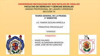 UNIVERSIDAD MICHOACANA DE SAN NICOLÁS DE HIDALGO
FACULTAD DE DERECHO Y CIENCIAS SOCIALES
UNIDAD PROFESIONAL DE LÁZARO CÁRDENAS
SECCIÓN 70
TEORÍA GENERAL DE LA PRUEBA
5° SEMESTRE
LIC. RAMÓN SEGURA ARREOLA
“PRINCIPIOS PROCESALES”
13/09/2022
PONENTES:
- SHAID GALINDO
- ANGEL ALGANDARIA MENDOZA
- JAIME JOSÉ REYES SÁNCHEZ
 