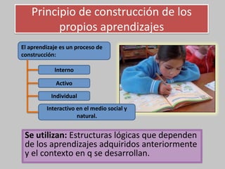 Principio de construcción de los
propios aprendizajes
Se utilizan: Estructuras lógicas que dependen
de los aprendizajes adquiridos anteriormente
y el contexto en q se desarrollan.
El aprendizaje es un proceso de
construcción:
Interno
Activo
Individual
Interactivo en el medio social y
natural.
 