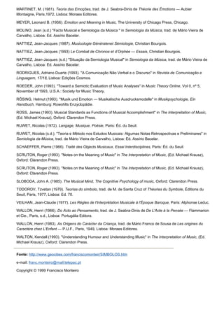 MARTINET, M. (1981). Teoria das Emoções, trad. de J. Seabra-Dinis de Théorie des Émotions — Aubier
Montaigne, Paris,1972, Lisboa: Moraes Editores.

MEYER, Leonard B. (1956). Emotion and Meaning in Music, The University of Chicago Press, Chicago.

MOLINO, Jean (s.d.) "Facto Musical e Semiologia da Música " in Semiologia da Música, trad. de Mário Vieira de
Carvalho, Lisboa: Ed. Assírio Bacelar.

NATTIEZ, Jean-Jacques (1987). Musicologie Généralenet Sémiologie, Christian Bourgois.

NATTIEZ, Jean-Jacques (1993) Le Combat de Chronos et d’Orphée — Essais, Christian Bourgois.

NATTIEZ, Jean-Jacques (s.d.) "Situação da Semiologia Musical" in Semiologia da Música, trad. de Mário Vieira de
Carvalho, Lisboa: Ed. Assírio Bacelar.

RODRIGUES, Adriano Duarte (1993). "A Comunicação Não Verbal e o Discurso" in Revista de Comunicação e
Linguagem, 17/18, Lisboa: Edições Cosmos.

ROEDER, John (1993). "Toward a Semiotic Evaluation of Music Analyses" in Music Theory Online, Vol 0, nº 5,
November of 1993, U.S.A.: Society for Music Theory.

RÖSING, Helmut (1993). "Musik und Emotion — Musikalische Ausdrucksmodelle" in Musikpsychologie, Ein
Handbuch, Hamburg: Rowohlts Enzyclopädie.

ROSS, James (1993). Musical Standards as Functions of Musical Accomplishment" in The Interpretation of Music,
(Ed. Michael Krausz), Oxford: Clarendon Press.

RUWET, Nicolas (1972). Langage, Musique, Poésie, Paris: Éd. du Seuil.

RUWET, Nicolas (s.d.). "Teoria e Método nos Estudos Musicais: Algumas Notas Retrospectivas e Preliminares" in
Semiologia da Música, trad. de Mário Vieira de Carvalho, Lisboa: Ed. Assírio Bacelar.

SCHAEFFER, Pierre (1966). Traité des Objects Musicaux, Essai Interdisciplines, Paris: Éd. du Seuil.

SCRUTON, Roger (1993). "Notes on the Meaning of Music" in The Interpretation of Music, (Ed. Michael Krausz),
Oxford: Clarendon Press.

SCRUTON, Roger (1993). "Notes on the Meaning of Music" in The Interpretation of Music, (Ed. Michael Krausz),
Oxford: Clarendon Press.

SLOBODA, John A. (1985). The Musical Mind, The Cognitive Psychology of music, Oxford: Clarendon Press.

TODOROV, Tzvetan (1979). Teorias do símbolo, trad. de M. de Santa Cruz of Théories du Symbole, Éditions du
Seuil, Paris, 1977, Lisboa: Ed. 70.

VEILHAN, Jean-Claude (1977). Les Règles de l'Interprétation Musicale à l'Époque Baroque, Paris: Alphonse Leduc.

WALLON, Henri (1966). Do Acto ao Pensamento, trad. de J. Seabra-Dinis de De L'Acte à la Pensée — Flammarion
et Cie., Paris, s.d., Lisboa: Portugália Editora.

WALLON, Henri (1983). As Origens do Carácter da Criança, trad. de Mário Franco de Sousa de Les origines du
Caractère chez L'Enfant — P.U.F., Paris, 1949, Lisboa: Moraes Editores.

WALTON, Kendall (1993). "Understanding Humour and Understanding Music" in The Interpretation of Music, (Ed.
Michael Krausz), Oxford: Clarendon Press.


Fonte: http://www.geocities.com/franciscomonteir/SIMBOLOS.htm

e-mail: franc.monteiro@mail.telepac.pt

Copyright © 1999 Francisco Monteiro
 