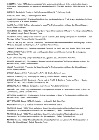 GOODMAN, Nelson (1976). Los Lenguages del arte, aproximación a la theoría de los símbolos, trad. de Jem
Cabanes de Languages of Art, an approach to a theory of symbols, The Bobs Merril Co., 1968, Barcelona: Ed. Seix
Barral.

GRINDEA, Carola (ed.). Tension in the Performance of Music, N. Y.: Kahn and Averill.

GUIRAUD, Pierre (1983.) La Sémiologie Paris:P.U.F.

HANSLICK, Eduard (1957). The Beautiful in Music, trad. de Gustav Cohen da 7ª ed. de Vom Musikalisch-Schönen
— Leipzig 1885, N. Y.: Liberal Arts Press.

HARRÉ, Rom (1993). "Is There a Semantics for Music?" in The Interpretation of Music, (Ed. Michael Krausz),
Oxford: Clarendon Press.

HERMERÉN, Göran (1993). "The Full Voic'd Quire: Types of Interpretationd of Music" in The Interpretation of Music,
(Ed. Michael Krausz), Oxford: Clarendon Press.

INGARDEN, Roman (1989). Qu'est-ce Qu'une Oeuvre Musicale?, trad. de Dujka Smoje de Das MusikWerk — Max
Niemeyer Verlag, Tübingen: Christian Bourgois Édit.

JACKENDOFF, Ray and LERDAHL, Fred (1983). "A Grammatical Parallel Between Music and Language" in Music,
Mind and Brain, (Ed. Manfred Clynes), N.Y. e Londres: Plenum Press.

JAKOBSON, Roman (1993). Essais de Linguistique Générale, Vol. 1 et 2, trad. de N. Ruwet, Paris: Ed. de Minuit.

JANKELEVITCH, Vladimir (1979). Liszt et la Rhapsodie, Essai sur la Virtuosité,V vol. de "De la Musique au
Silence", Paris: Plon.

KANT, Emmanuel (1989). Critique de la Faculté de Juger, trad. de A. Philonenko, Paris: Vrin.

KRAUSZ, Michael (1993). "Rightness and Reasons in musical Interpretation" in The Interpretation of Music, (Ed.
Michael Krausz), Oxford: Clarendon Press.

KRAUT, Robert (1993). "Perceiving the Music Correctly" in The Interpretation of Music, (Ed. Michael Krausz),
Oxford: Clarendon Press.

LANGER, Susanne (1957). Problems of Art, N. Y.: Ed. Charles Scribner's sons.

LANGER, Susanne (1979). Philosophy in a New Key, London: Harvard University Press.

LANGER, Susanne (1980). Sentimento e Forma, trad. de Ana M. G. Coelho de Feeling and Form — Charles
Scribner's S., N.Y., 1953, S. Paulo: Ed. Perspectiva S.A.

LEIBOWITZ, René (1986). Le Compositeur et son Double, Paris:Éditions Gallimard.

LERDHAL, Fred (1988). "Cognitive constraints on compositional systems" in Generative Processes in Music, (Ed.
John Sloboda), Oxford: Clarendon Press.

LEVINSON, Jerrold (1993). "Performativ vs. Critical Interpretation in Music" in The Interpretation of Music, (Ed.
Michael Krausz), Oxford: Clarendon Press.

LEVY-STRAUSS, Claude (1974). Mythologies — Le Cru et le Cuit, Dijon: Plon.

MANEVEAU, Guy (1977). Musique et Education, Aix-en-Provence: Edisud.

MARGOLIS, Joseph (1993). "Music as Ordered Sound: Some Complications Affecting Description and
Interpretation" in The Interpretation of Music, (Ed. Michael Krausz), Oxford: Clarendon Press.

MARGOLIS, Joseph (1993). "Music as Ordered Sound: Some Complications Affecting Description and
Interpretation" in The Interpretation of Music, (Ed. Michael Krausz), Oxford: Clarendon Press.

MARTIN, Robert L. (1993). "Musical Works in the Words of performers and Listeners " in The Interpretation of
Music, (Ed. Michael Krausz), Oxford: Clarendon Press.
 