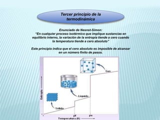 Tercer principio de la
termodinámica
Enunciado de Nesnst-Simon:
“En cualquier proceso isotérmico que implique sustancias en
equilibrio interno, la variación de la entropía tiende a cero cuando
la temperatura tiende a cero absoluto”
Este principio indica que el cero absoluto es imposible de alcanzar
en un número finito de pasos.
 