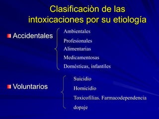 Clasificaciòn de las
intoxicaciones por su etiología
Accidentales
Voluntarios
Ambientales
Profesionales
Medicamentosas
Alimentarias
Domésticas, infantiles
Suicidio
Homicidio
Toxicofilias. Farmacodependencia
dopaje
 