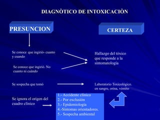 DIAGNÒTICO DE INTOXICACIÒN
PRESUNCION CERTEZA
Se conoce que ingirió- cuanto
y cuando
Se conoce que ingirió. No
cuanto ni cuándo
Hallazgo del tóxico
que responde a la
sintomatología
Se sospecha que tomó Laboratorio Toxicológico.
en sangre, orina, vómito
Se ignora el origen del
cuadro clínico
1.- Accidente clínico
2.- Por exclusión
3.- Epidemiología
4.-Síntomas orientadores.
5.- Sospecha ambiental
 