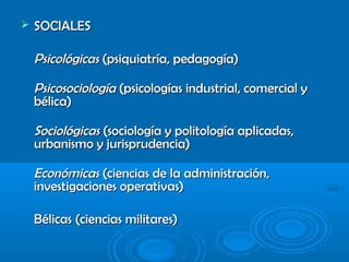  SOCIALESSOCIALES
PsicológicasPsicológicas (psiquiatría, pedagogía)(psiquiatría, pedagogía)
PsicosociologíaPsicosociología (psicologías industrial, comercial y(psicologías industrial, comercial y
bélica)bélica)
SociológicasSociológicas (sociología y politología aplicadas,(sociología y politología aplicadas,
urbanismo y jurisprudencia)urbanismo y jurisprudencia)
EconómicasEconómicas (ciencias de la administración,(ciencias de la administración,
investigaciones operativas)investigaciones operativas)
BélicasBélicas (ciencias militares)(ciencias militares)
 