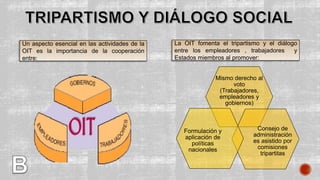Un aspecto esencial en las actividades de la
OIT es la importancia de la cooperación
entre:
La OIT fomenta el tripartismo y el diálogo
entre los empleadores , trabajadores y
Estados miembros al promover:
Mismo derecho al
voto
(Trabajadores,
empleadores y
gobiernos)
Consejo de
administración
es asistido por
comisiones
tripartitas
Formulación y
aplicación de
políticas
nacionales
 