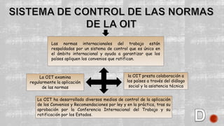 Las normas internacionales del trabajo están
respaldadas por un sistema de control que es único en
el ámbito internacional y ayuda a garantizar que los
países apliquen los convenios que ratifican.
La OIT examina
regularmente la aplicación
de las normas
la OIT presta colaboración a
los países a través del diálogo
social y la asistencia técnica
La OIT ha desarrollado diversos medios de control de la aplicación
de los Convenios y Recomendaciones por ley y en la práctica, tras su
aprobación por la Conferencia Internacional del Trabajo y su
ratificación por los Estados.
 
