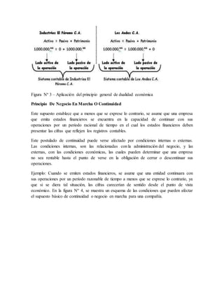 Figura Nº 3 – Aplicación del principio general de dualidad económica 
Principio De Negocio En Marcha O Continuidad 
Este supuesto establece que a menos que se exprese lo contrario, se asume que una empresa 
que emita estados financieros se encuentra en la capacidad de continuar con sus 
operaciones por un periodo racional de tiempo en el cual los estados financieros deben 
presentar las cifras que reflejen los registros contables. 
Este postulado de continuidad puede verse afectado por condiciones internas o externas. 
Las condiciones internas, son las relacionadas con la administración del negocio, y las 
externas, con las condiciones económicas, las cuales pueden determinar que una empresa 
no sea rentable hasta el punto de verse en la obligación de cerrar o descontinuar sus 
operaciones. 
Ejemplo: Cuando se emiten estados financieros, se asume que una entidad continuara con 
sus operaciones por un periodo razonable de tiempo a menos que se exprese lo contrario, ya 
que si se diera tal situación, las cifras carecerían de sentido desde el punto de vista 
económico. En la figura Nº 4, se muestra un esquema de las condiciones que pueden afectar 
el supuesto básico de continuidad o negocio en marcha para una compañía. 
 
