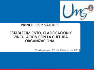 PRINCIPIOS Y VALORES.
ESTABLECIMIENTO, CLASIFICACION Y
VINCULACION CON LA CULTURA
ORGANIZACIONAL
Coatepeque, 25 de febrero de 2017
 