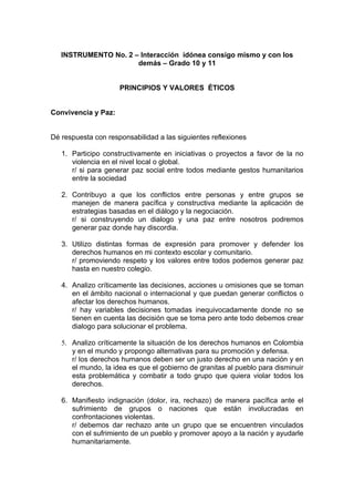 INSTRUMENTO No. 2 – Interacción idónea consigo mismo y con los
                      demás – Grado 10 y 11


                     PRINCIPIOS Y VALORES ÉTICOS


Convivencia y Paz:


Dé respuesta con responsabilidad a las siguientes reflexiones

   1. Participo constructivamente en iniciativas o proyectos a favor de la no
      violencia en el nivel local o global.
      r/ si para generar paz social entre todos mediante gestos humanitarios
      entre la sociedad

   2. Contribuyo a que los conflictos entre personas y entre grupos se
      manejen de manera pacífica y constructiva mediante la aplicación de
      estrategias basadas en el diálogo y la negociación.
      r/ si construyendo un dialogo y una paz entre nosotros podremos
      generar paz donde hay discordia.

   3. Utilizo distintas formas de expresión para promover y defender los
      derechos humanos en mi contexto escolar y comunitario.
      r/ promoviendo respeto y los valores entre todos podemos generar paz
      hasta en nuestro colegio.

   4. Analizo críticamente las decisiones, acciones u omisiones que se toman
      en el ámbito nacional o internacional y que puedan generar conflictos o
      afectar los derechos humanos.
      r/ hay variables decisiones tomadas inequivocadamente donde no se
      tienen en cuenta las decisión que se toma pero ante todo debemos crear
      dialogo para solucionar el problema.

   5. Analizo críticamente la situación de los derechos humanos en Colombia
      y en el mundo y propongo alternativas para su promoción y defensa.
      r/ los derechos humanos deben ser un justo derecho en una nación y en
      el mundo, la idea es que el gobierno de granitas al pueblo para disminuir
      esta problemática y combatir a todo grupo que quiera violar todos los
      derechos.

   6. Manifiesto indignación (dolor, ira, rechazo) de manera pacífica ante el
      sufrimiento de grupos o naciones que están involucradas en
      confrontaciones violentas.
      r/ debemos dar rechazo ante un grupo que se encuentren vinculados
      con el sufrimiento de un pueblo y promover apoyo a la nación y ayudarle
      humanitariamente.
 