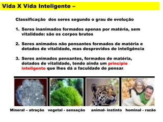 Classificação dos seres segundo o grau de evolução
1. Seres inanimados formados apenas por matéria, sem
vitalidade: são os corpos brutos
2. Seres animados não pensantes formados de matéria e
dotados de vitalidade, mas desprovidos de inteligência
3. Seres animados pensantes, formados de matéria,
dotados de vitalidade, tendo ainda um principio
inteligente que lhes dá a faculdade de pensar.
Vida X Vida Inteligente –
Mineral – atração vegetal - sensação animal- instinto hominal - razão
 